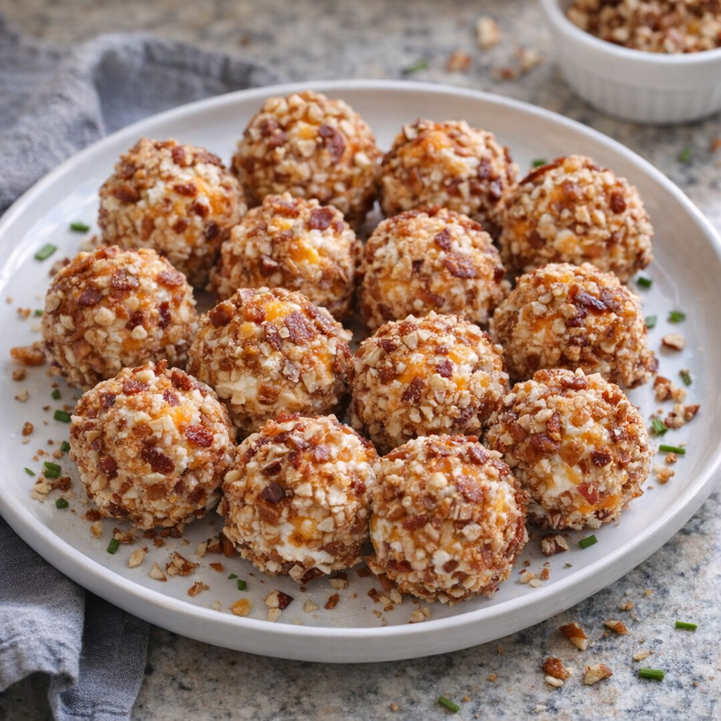 Plate of low carb bacon cheddar mini cheese balls on a kitchen counter