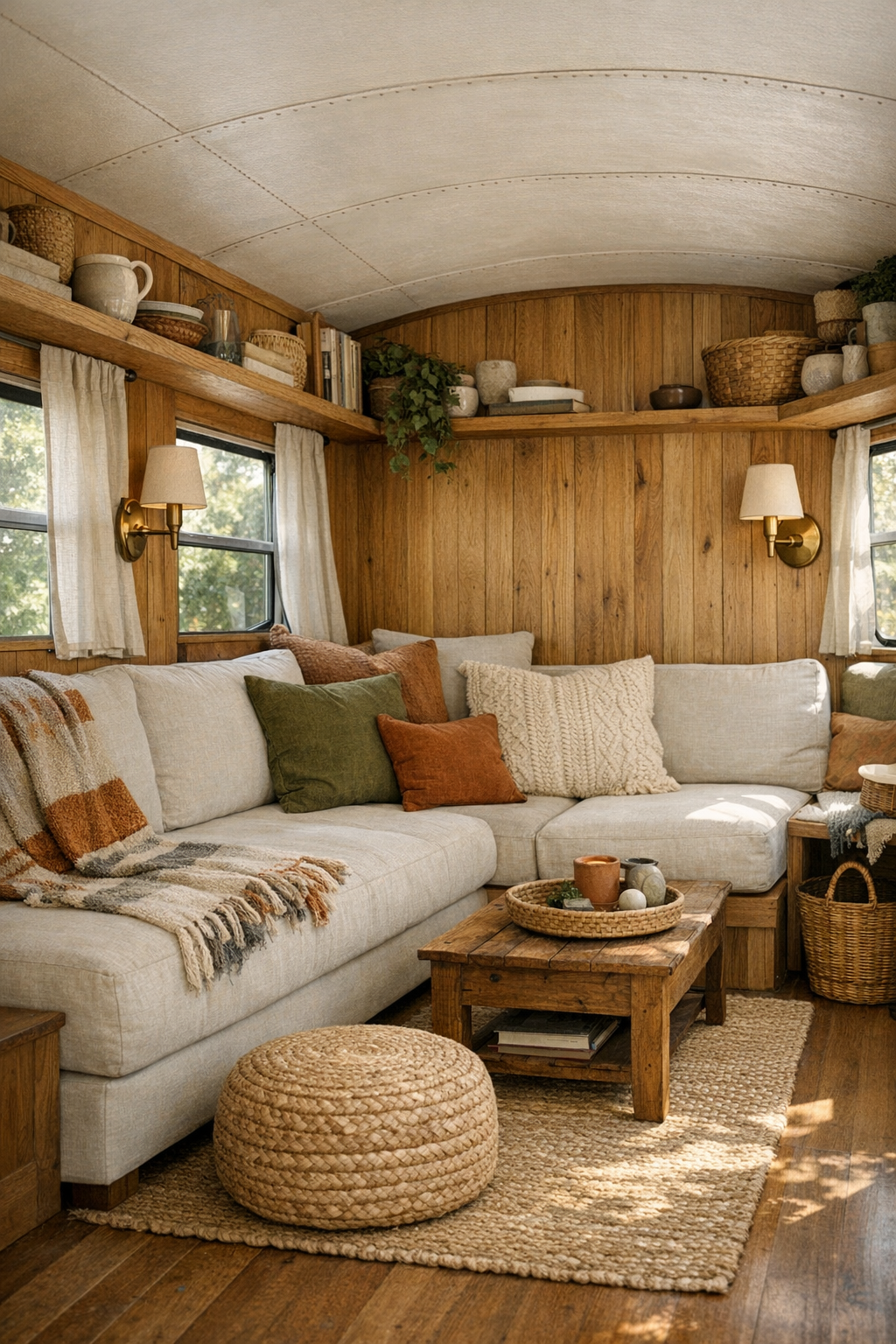 Cozy bus living room with built-in sofa, warm wood, and soft natural light