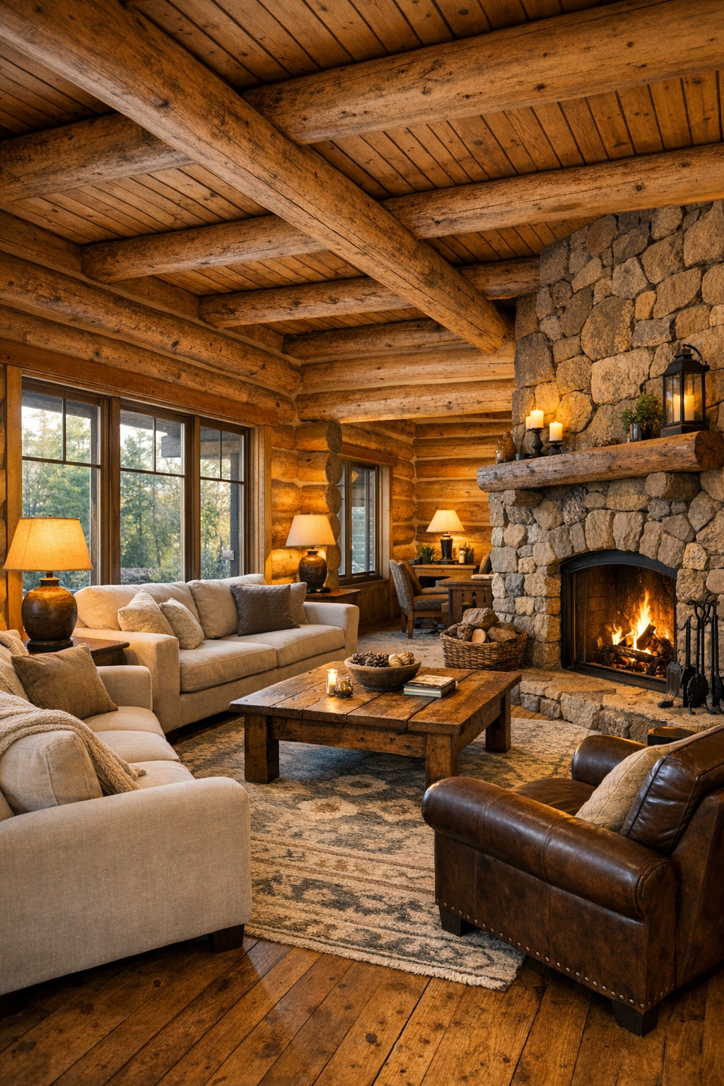 Warm log home living room with stone fireplace and soft neutral seating