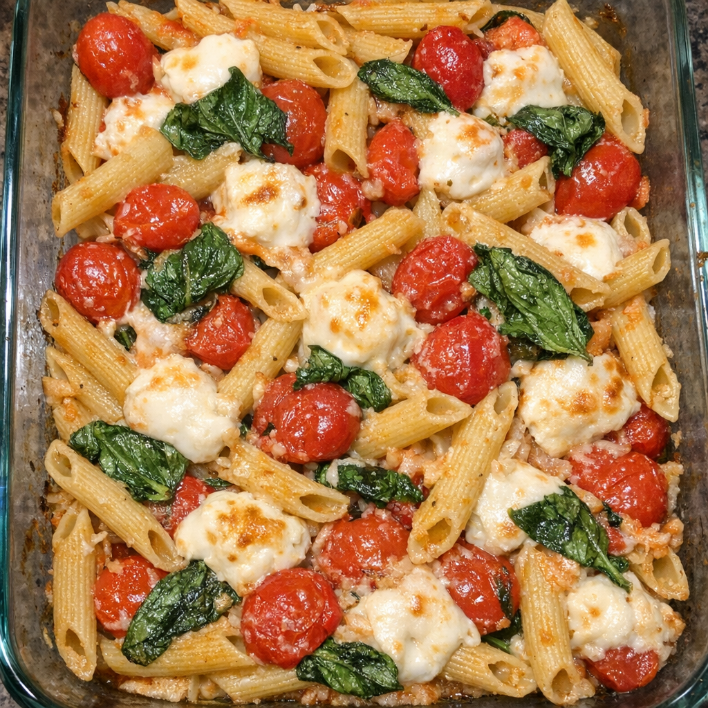 Baked penne with mozzarella, cherry tomatoes, and basil in glass baking dish