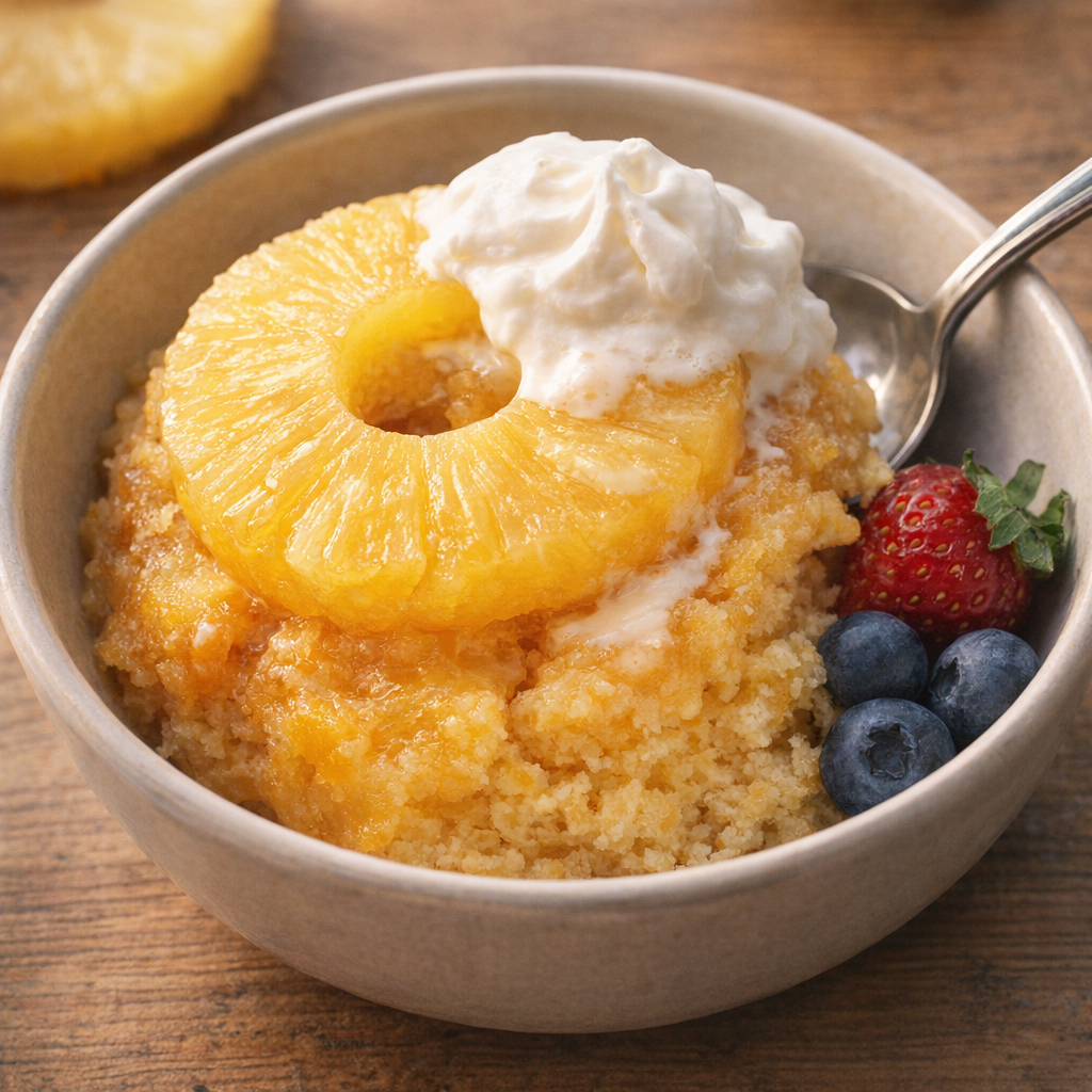 Served bowl of pineapple upside down cake with whipped cream