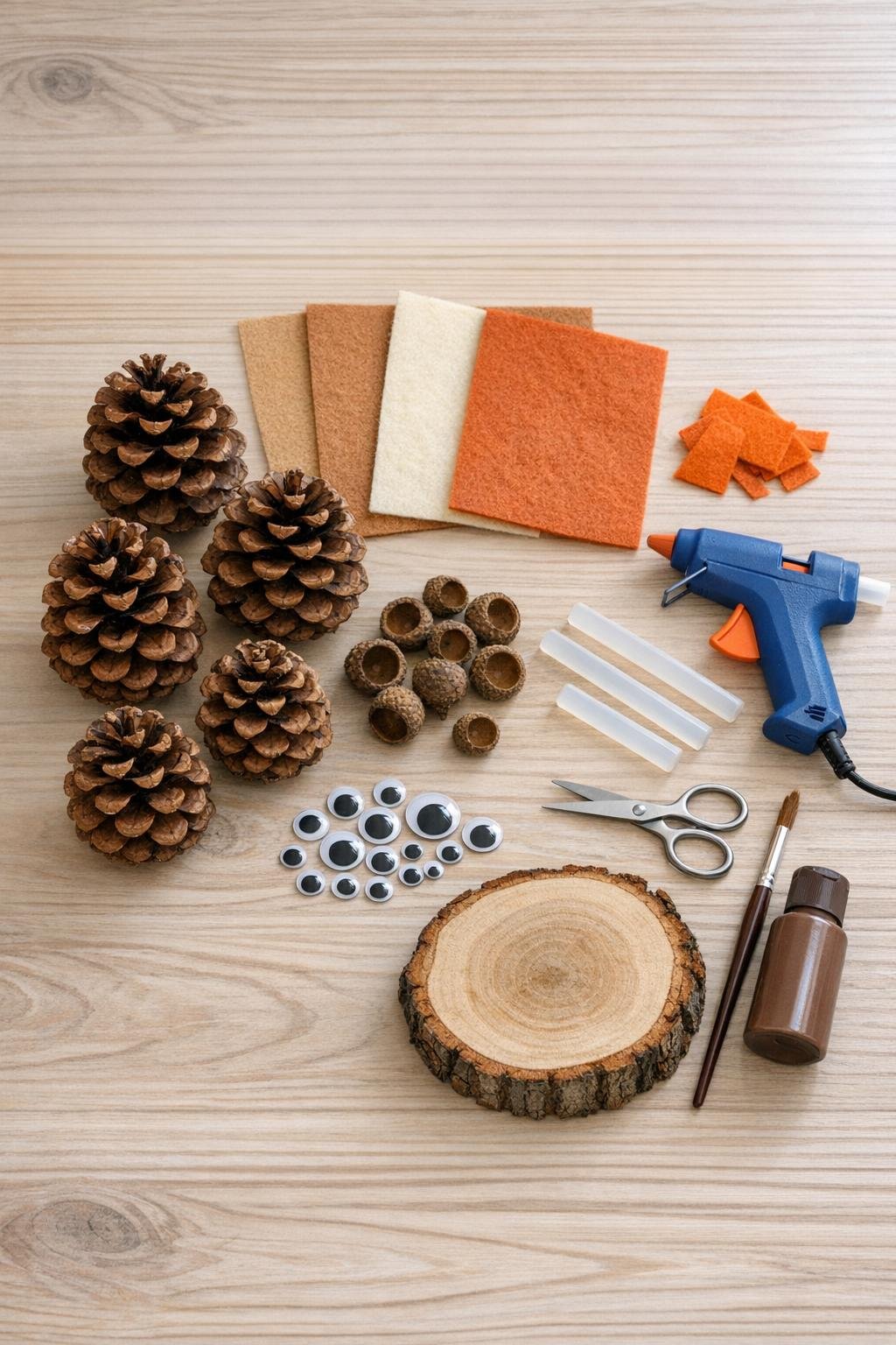 Materials for making a pinecone owl family laid out on a table