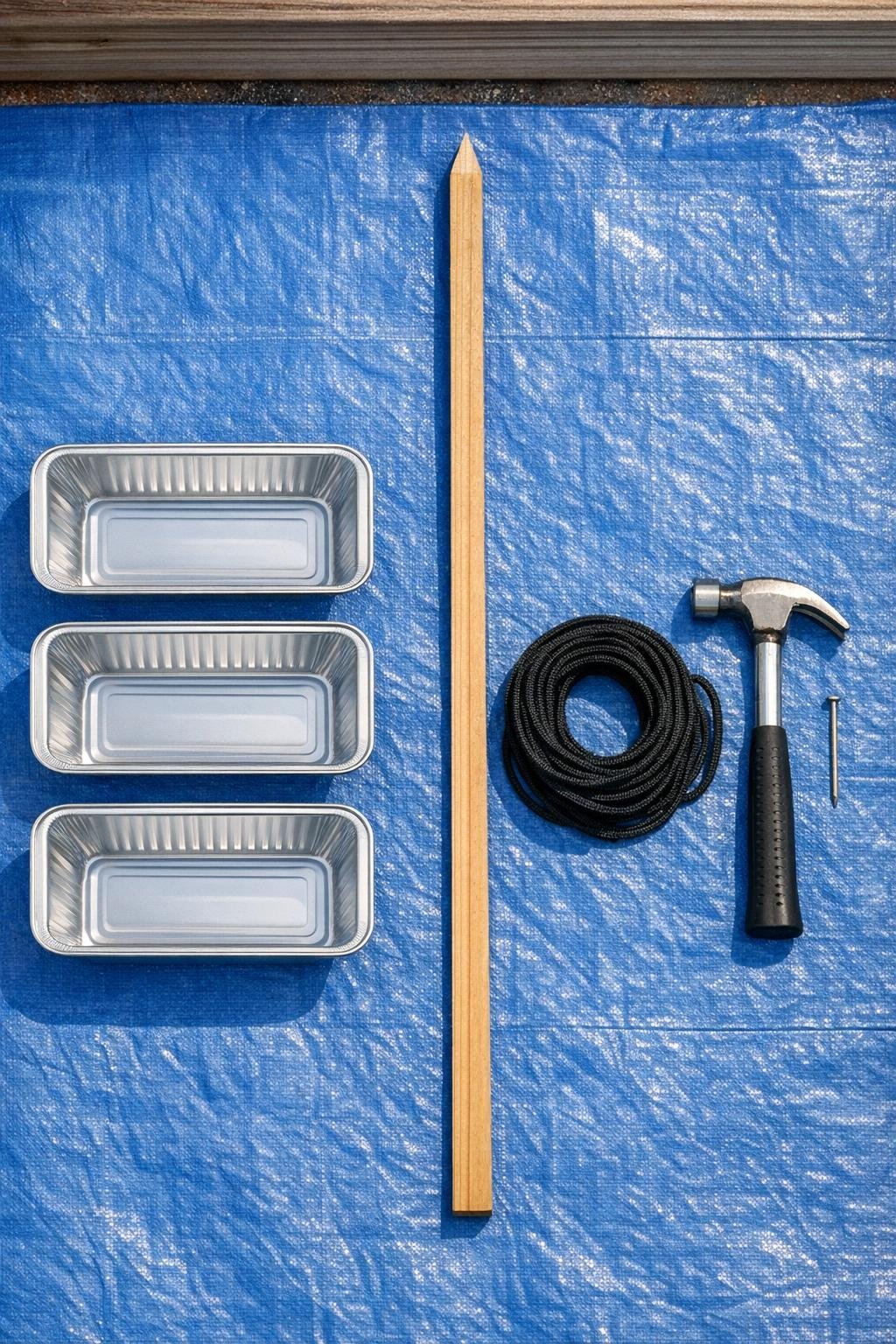 Materials for the aluminum loaf pan garden debris collection system laid out on a tarp