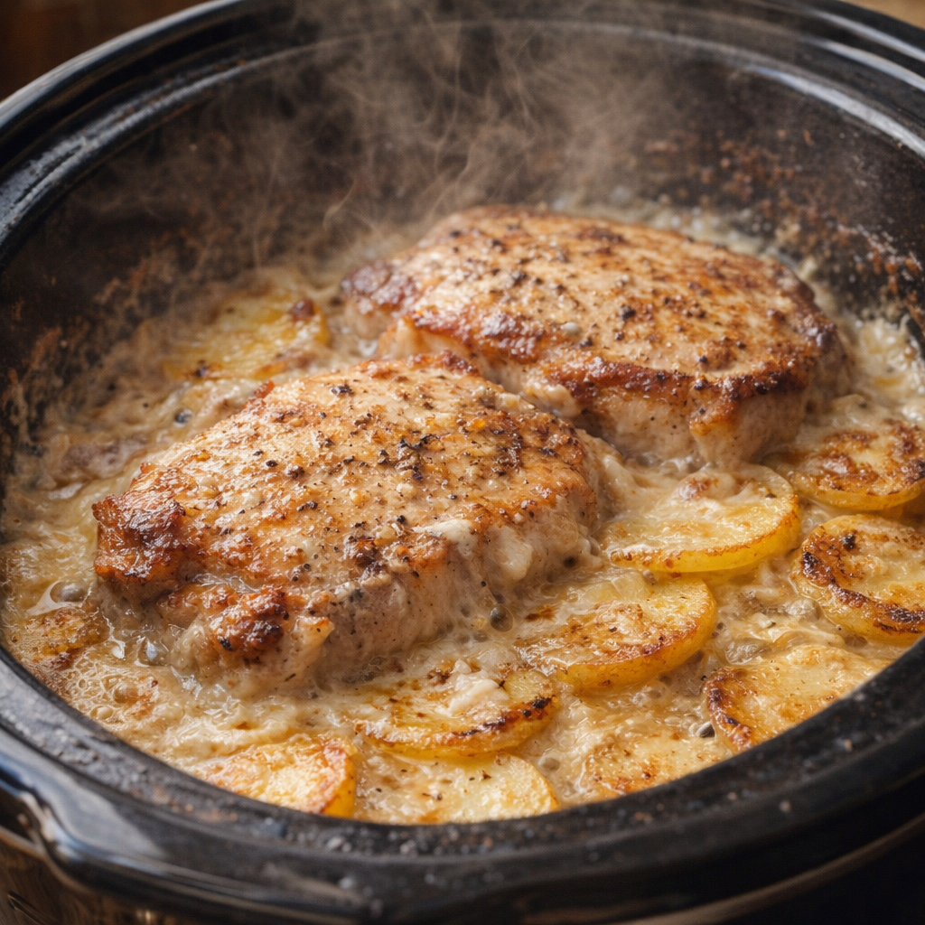 Finished pork chops and potatoes bubbling in the slow cooker
