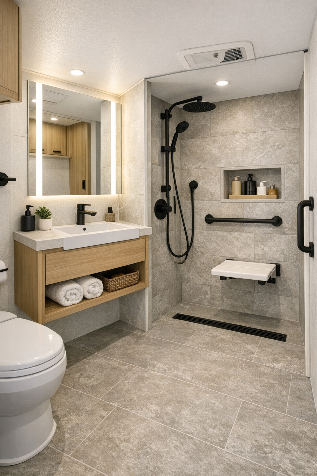 Accessible RV bathroom with curbless shower and light wood vanity