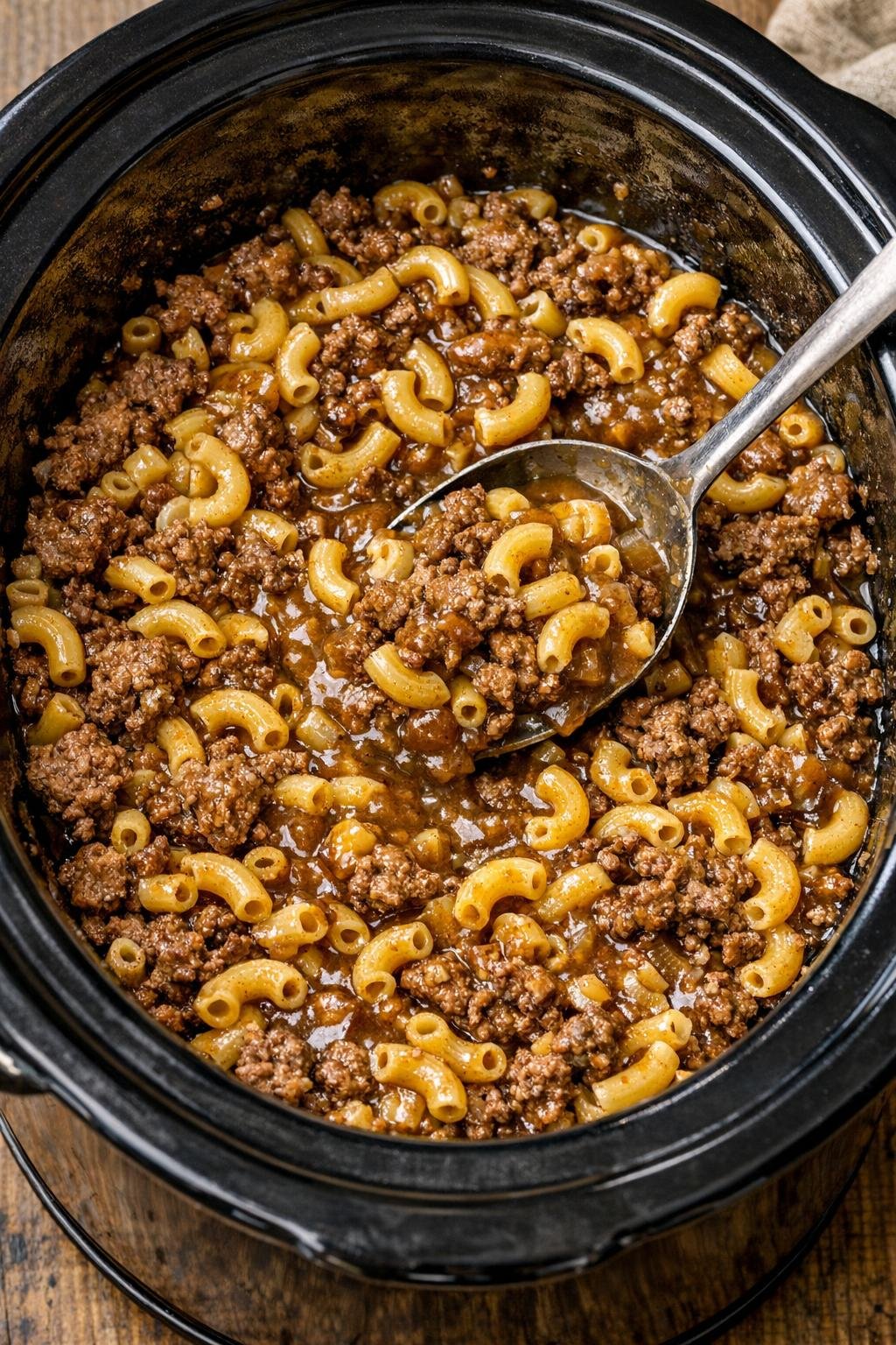 Rundvlees, macaroni en soep gemengd in een slowcooker.