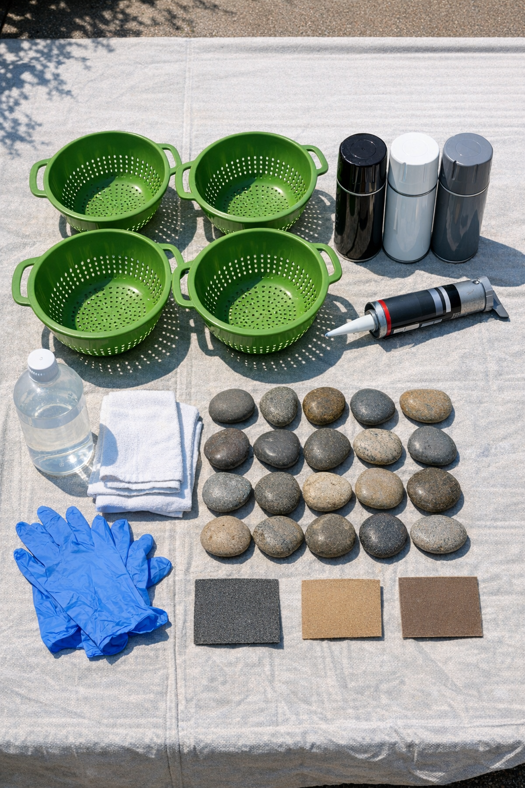 Materials for making decorative backyard turtles laid out on a table
