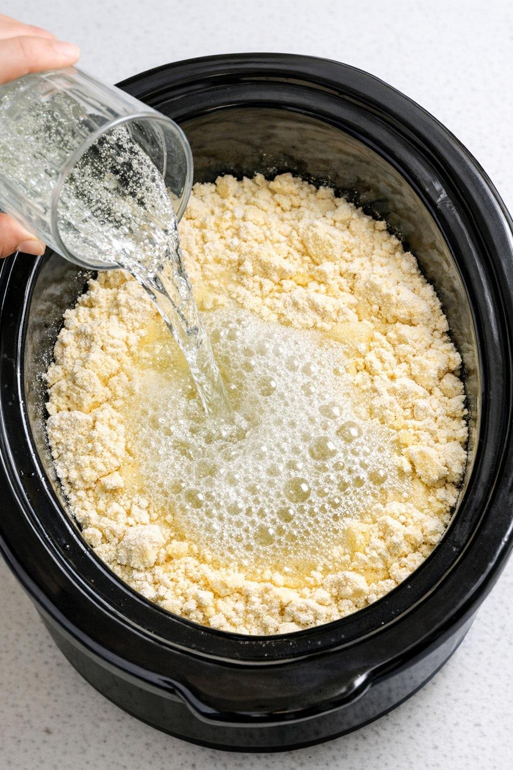 Soda being poured over cake mix in slow cooker