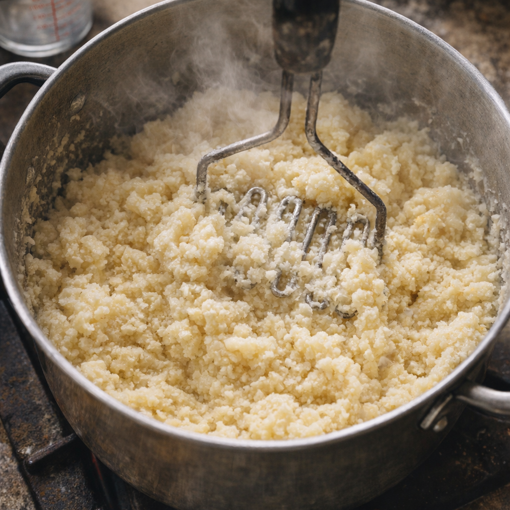 Mashed potatoes being worked with a hand masher in a pot