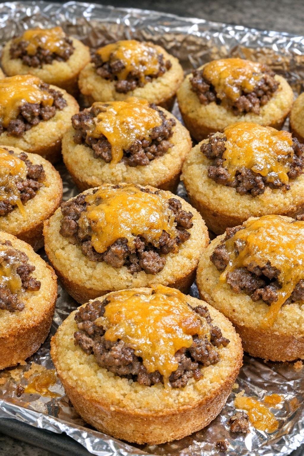Oven baked 4-ingredient beef cornbread bites on a foil-lined baking sheet
