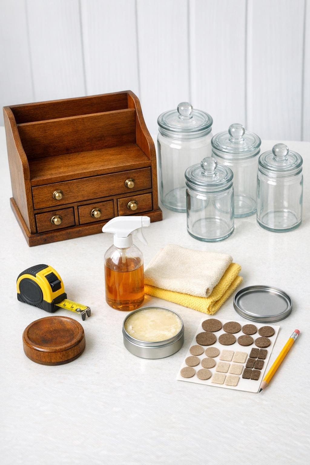 Vintage wooden desk organizer and glass canisters laid out with supplies