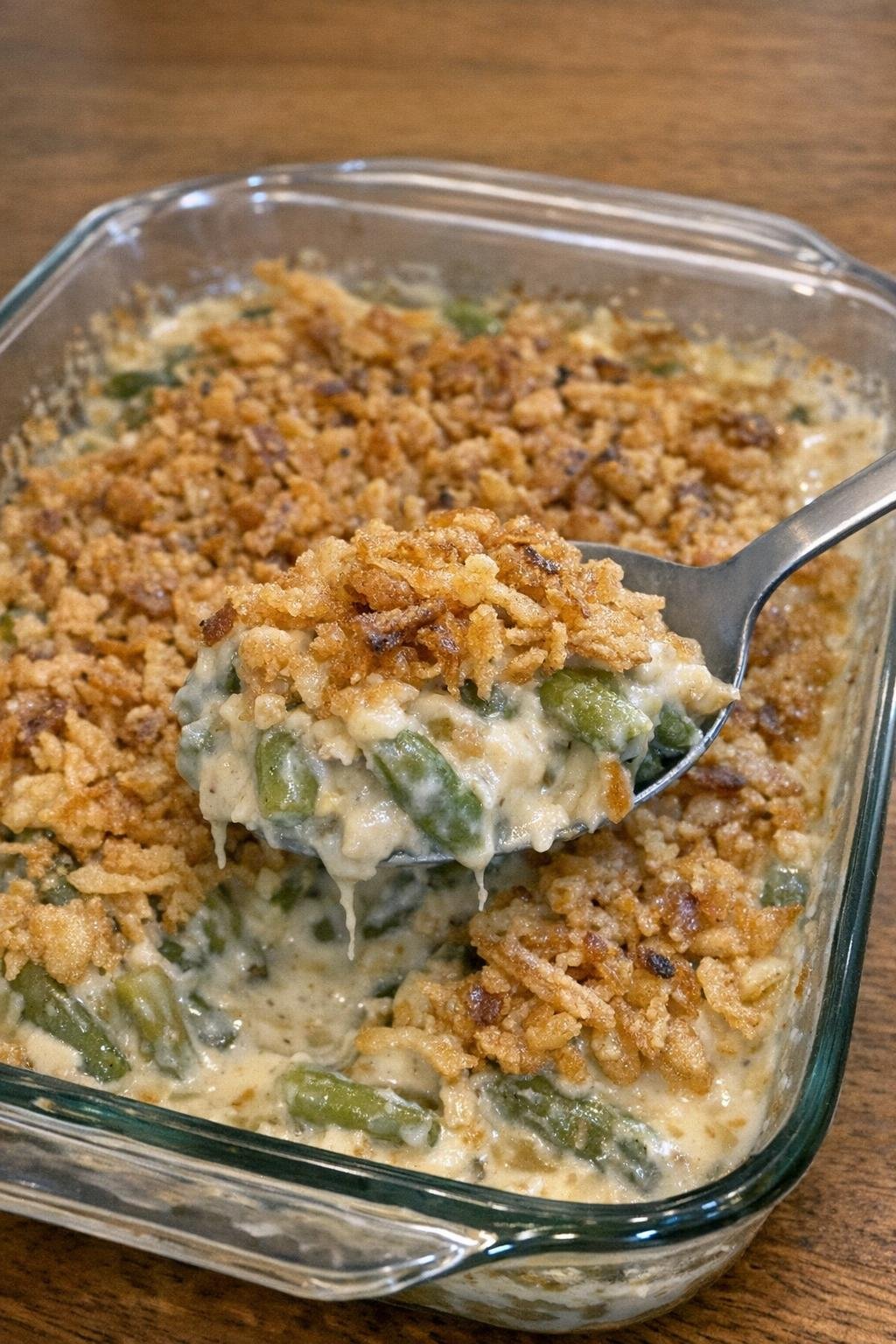 Creamy green beans in a glass baking dish with crispy onion topping