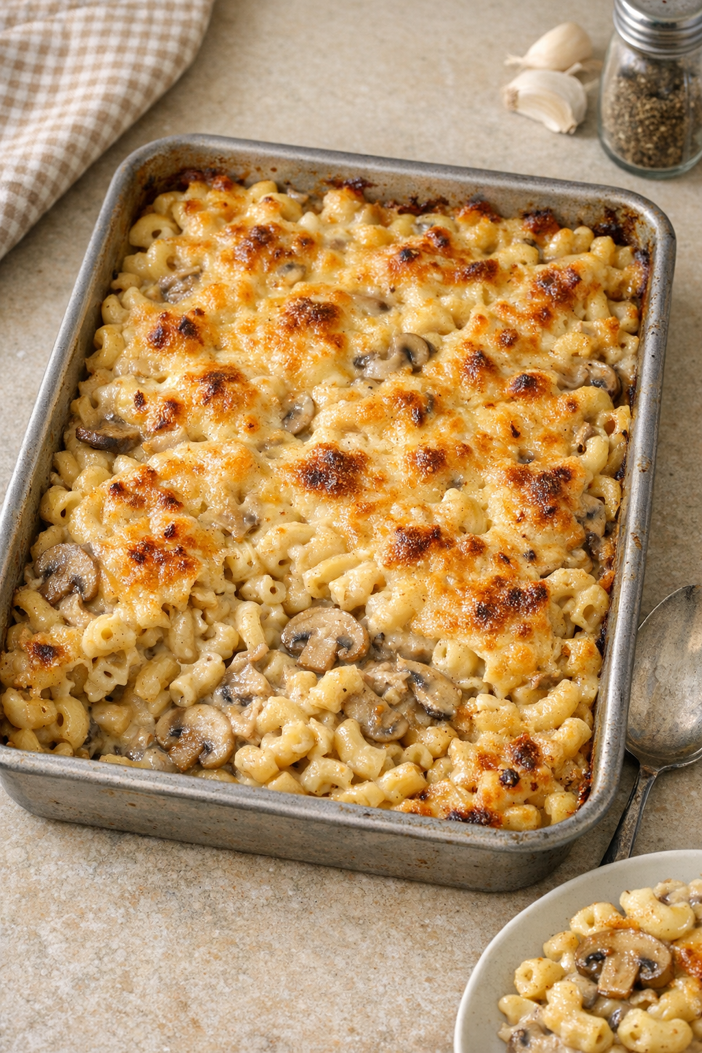 Finished baked mushroom gravy macaroni in a rustic baking dish