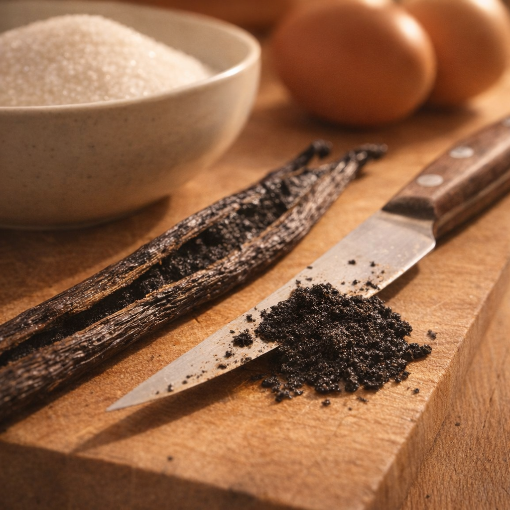 Split vanilla bean and seeds prepared for custard