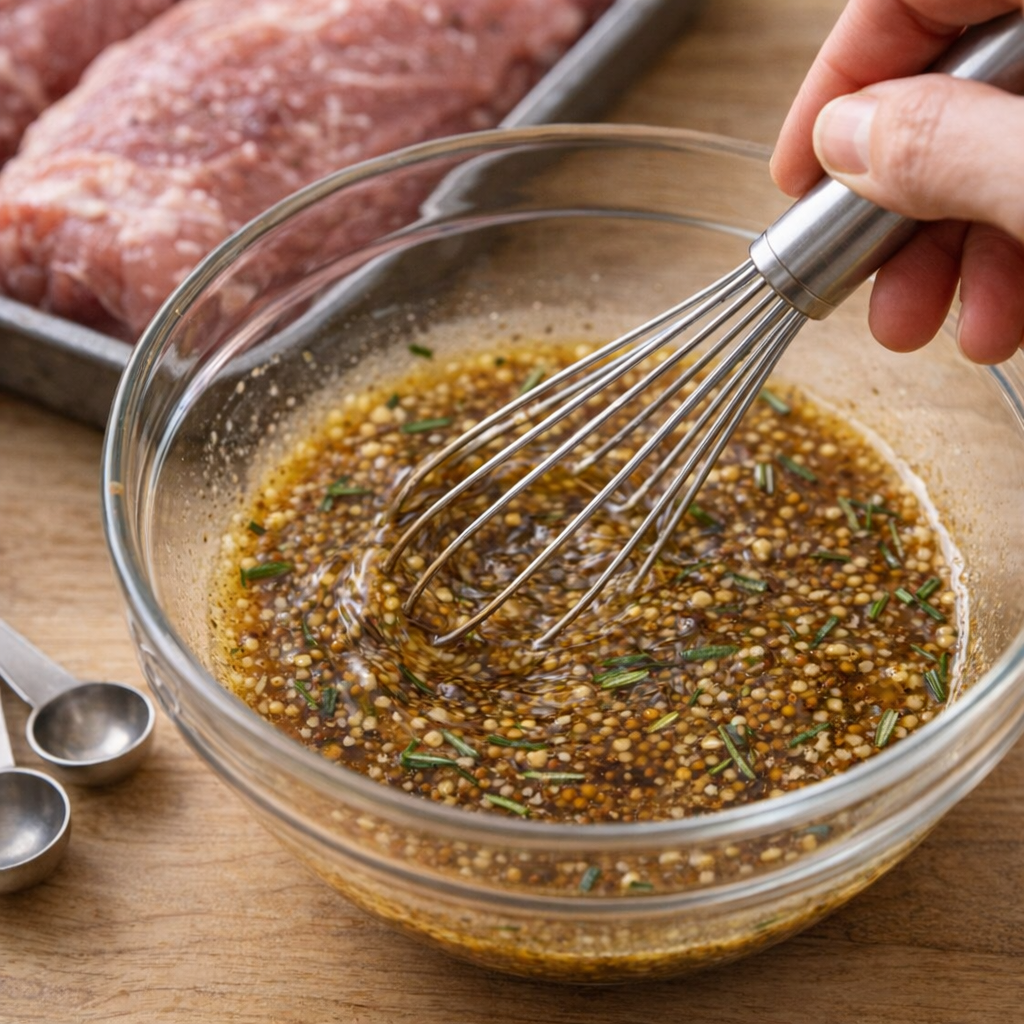 Maple mustard sauce being whisked in a mixing bowl