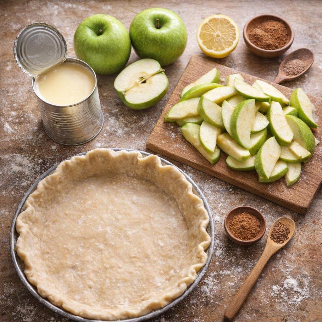 Ingredients for apple pie with condensed milk on a farmhouse counter