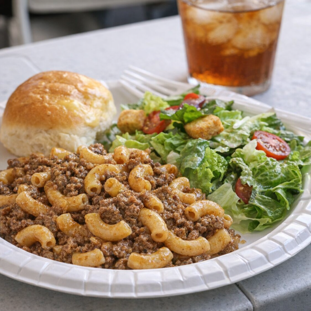 Potluck serving of beef macaroni with salad and rolls