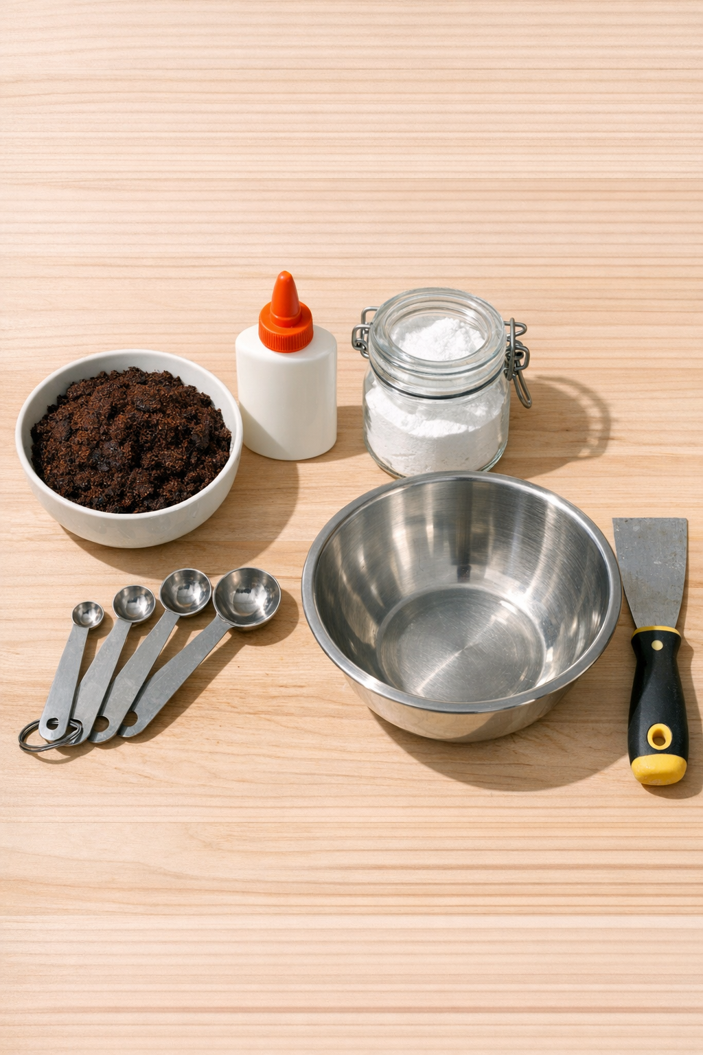 Materials for a coffee grounds deck patching compound laid out on a work surface