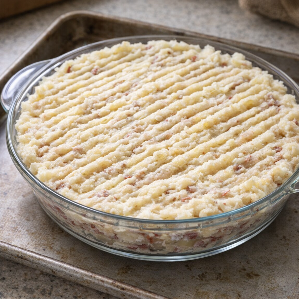 Unbaked corned beef potato pie with fork ridges on top