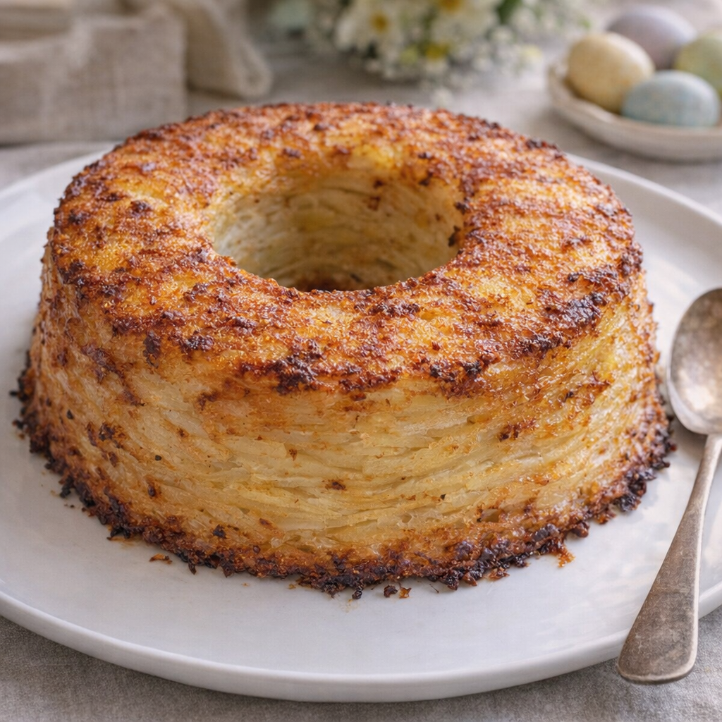 Golden potato ring mold on a white platter