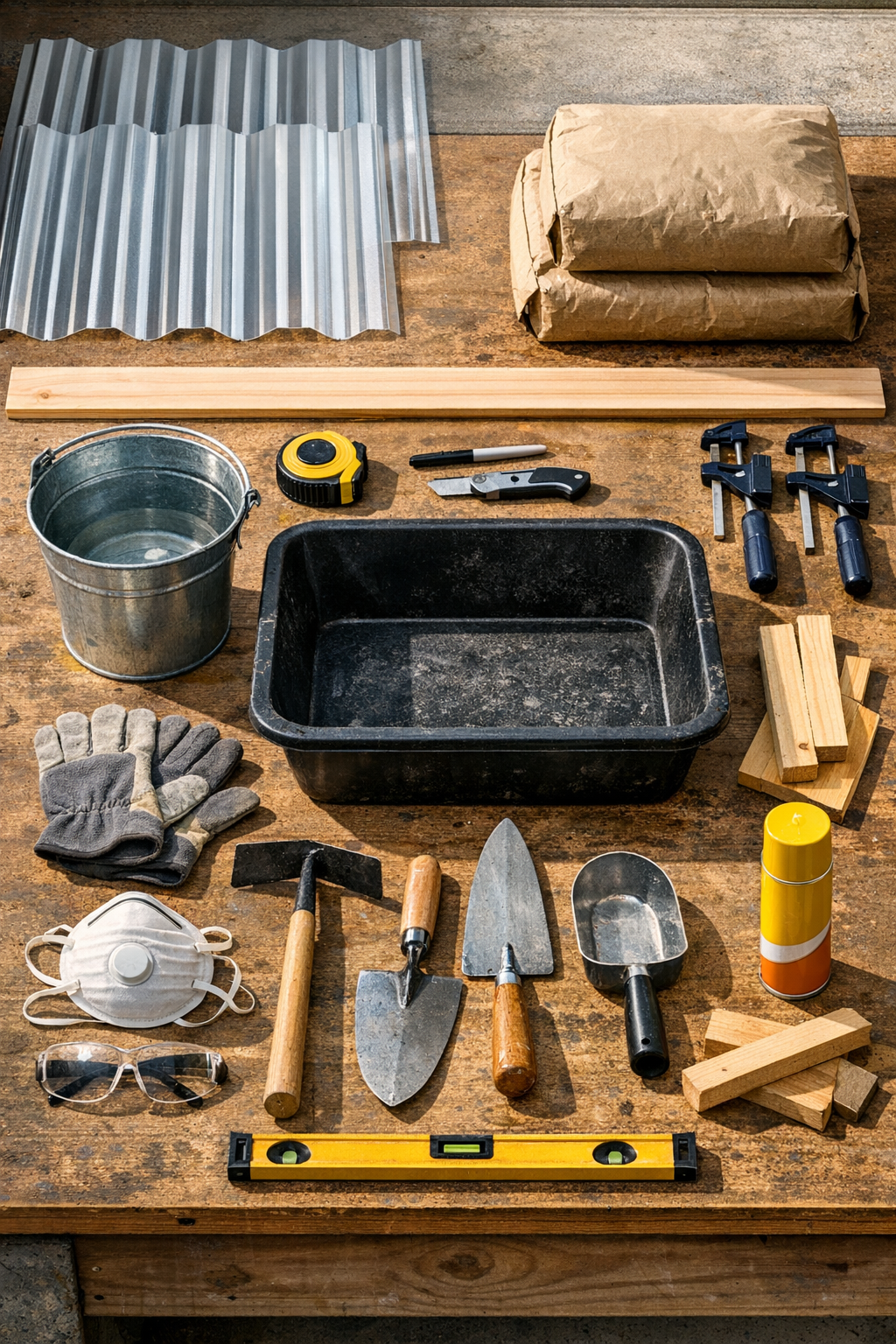 Materials for making zig-zag cement garden edging laid out on a work surface