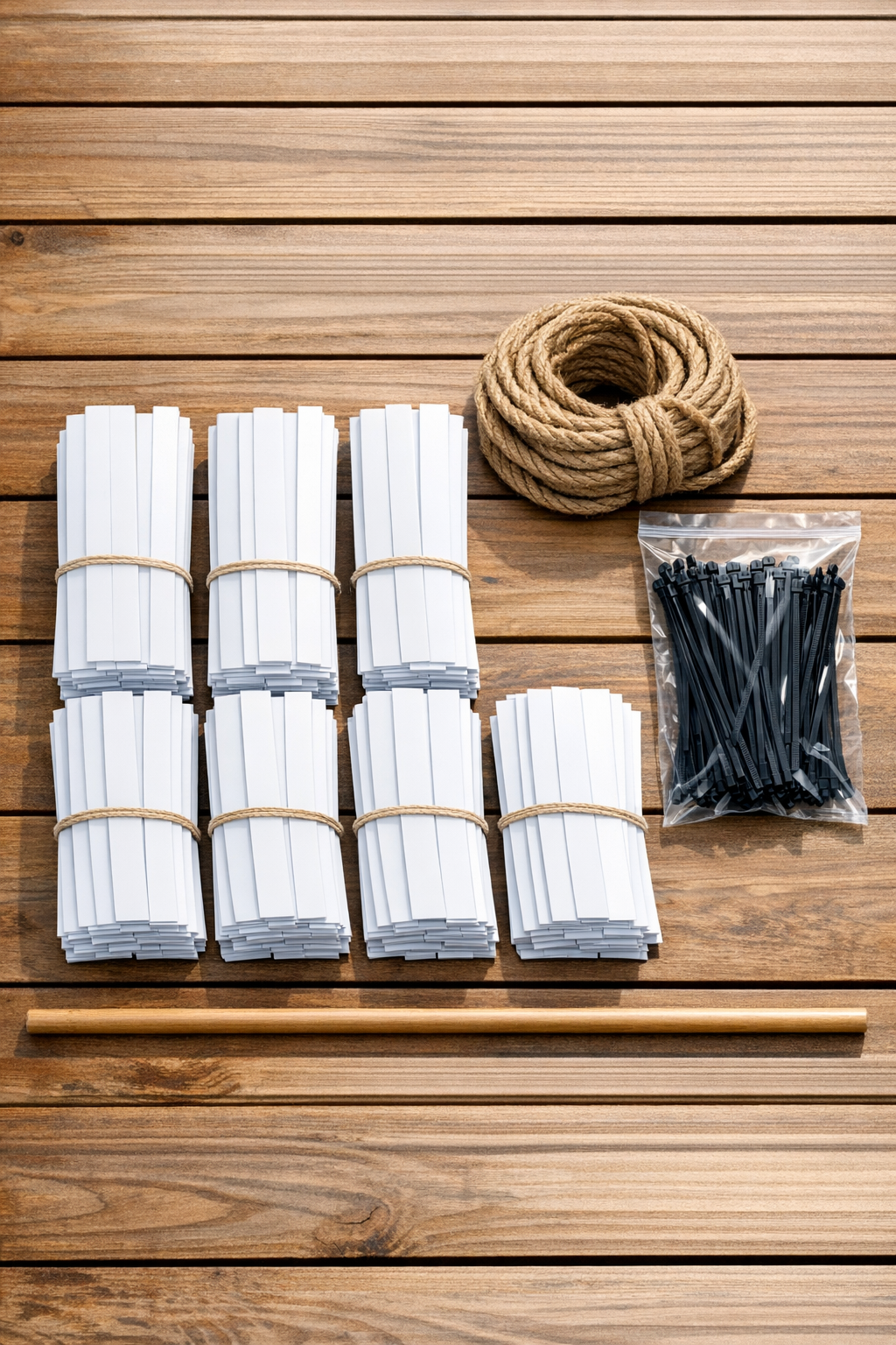 Materials for woven patio privacy panels laid out on a table