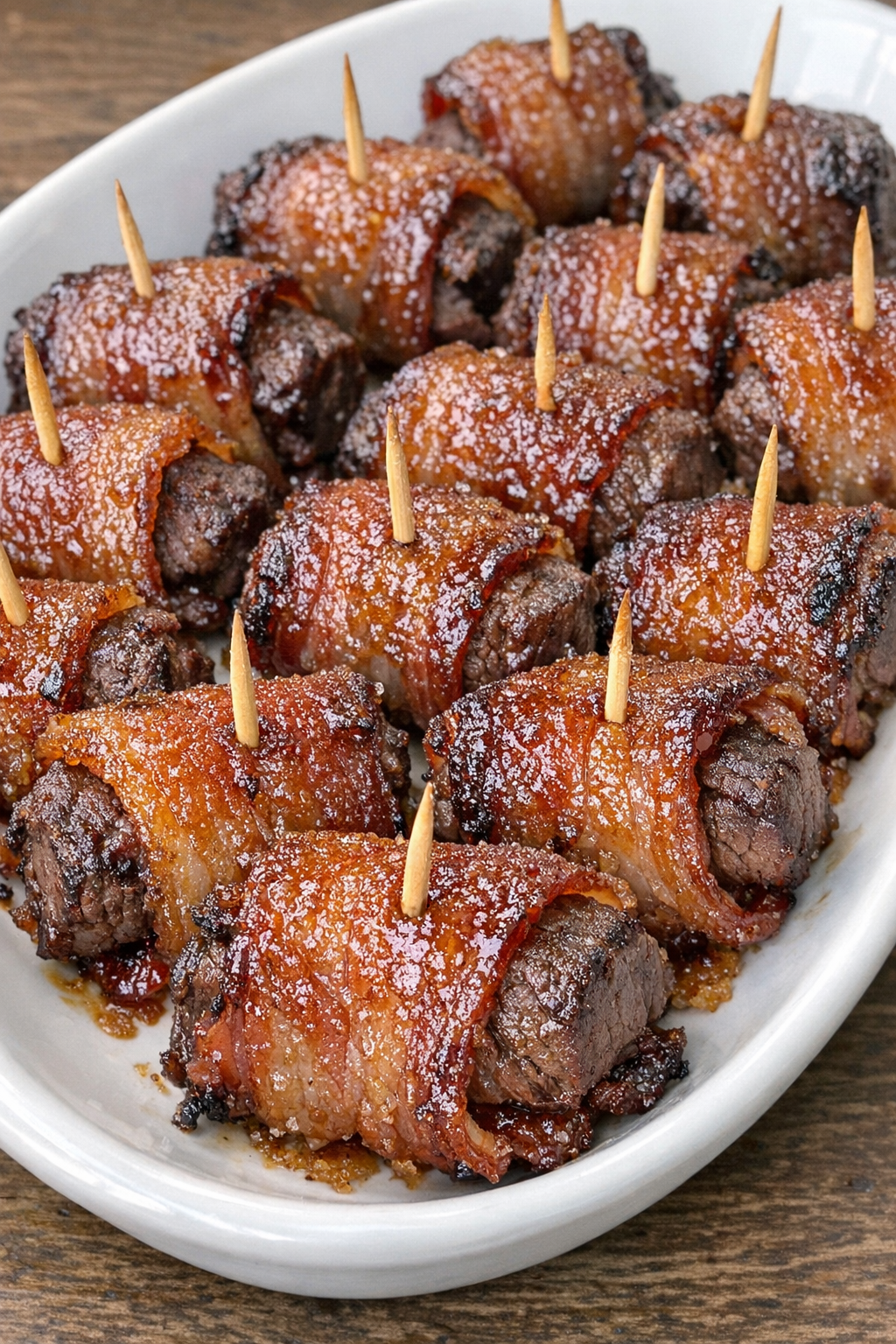 Oven baked beef bacon wraps on a white platter
