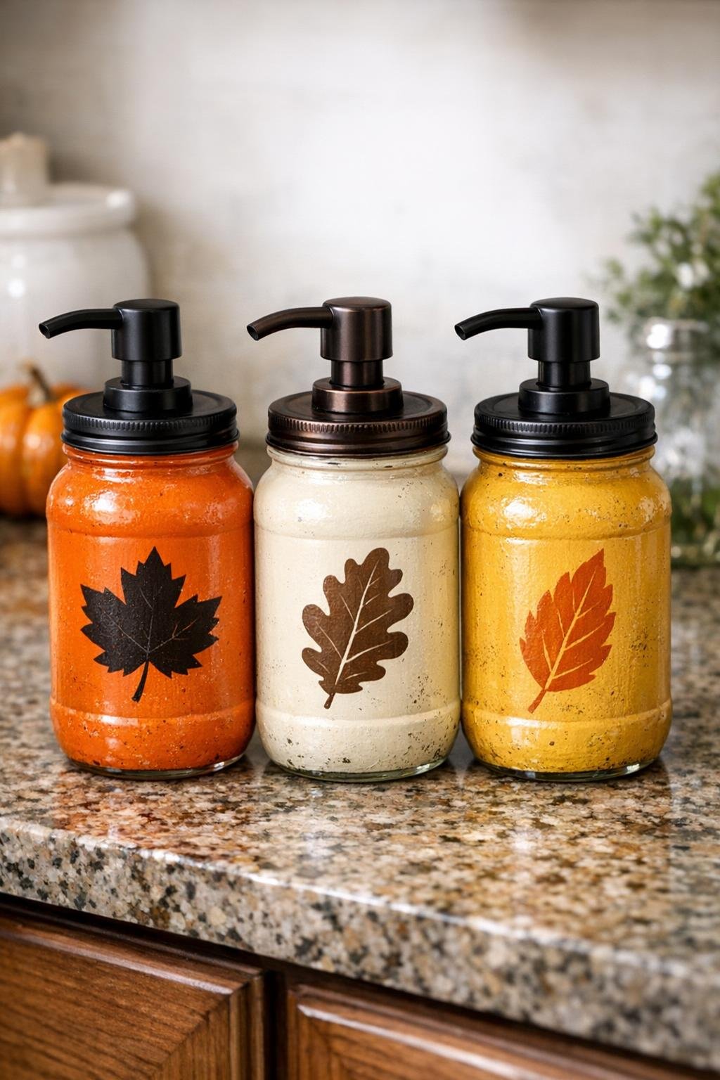 Finished three-piece autumn soap pump set made from spaghetti sauce jars