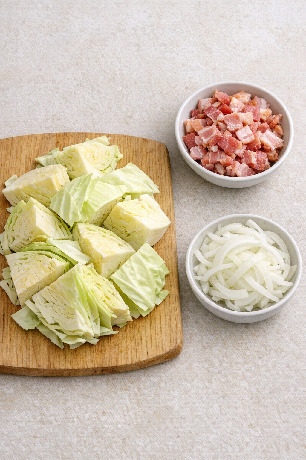 Cabbage, bacon, and onion ingredients