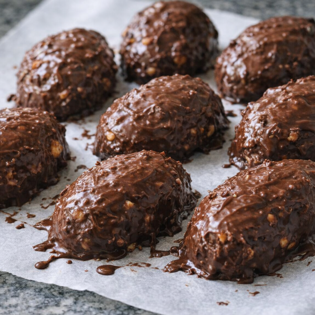 Freshly coated peanut butter eggs setting on a tray
