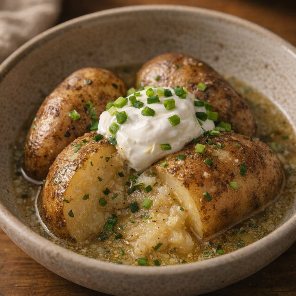 Serving of slow cooker potatoes topped with sour cream and green onions