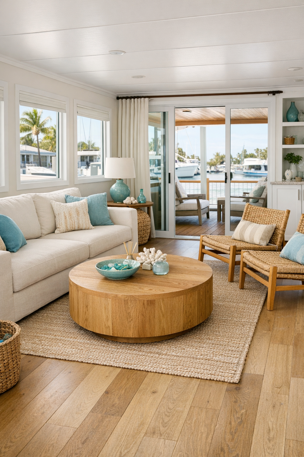 Bright accessible houseboat living room with white oak floors and coastal furnishings
