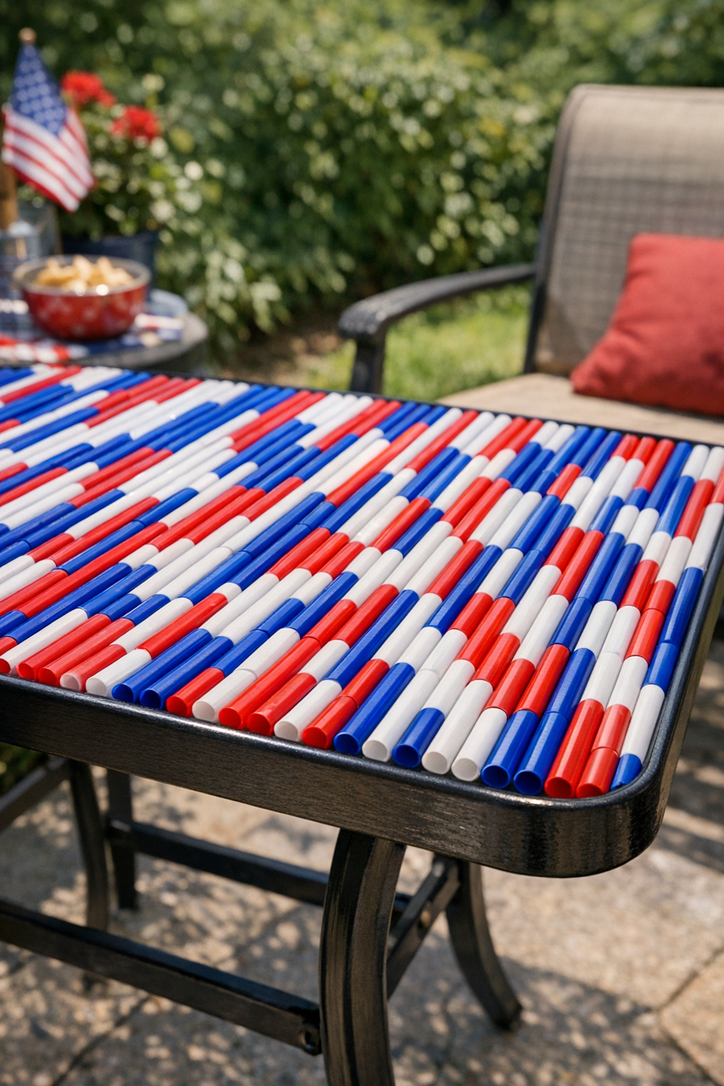 Finished red, white, and blue fused straw patio table topper on an outdoor table