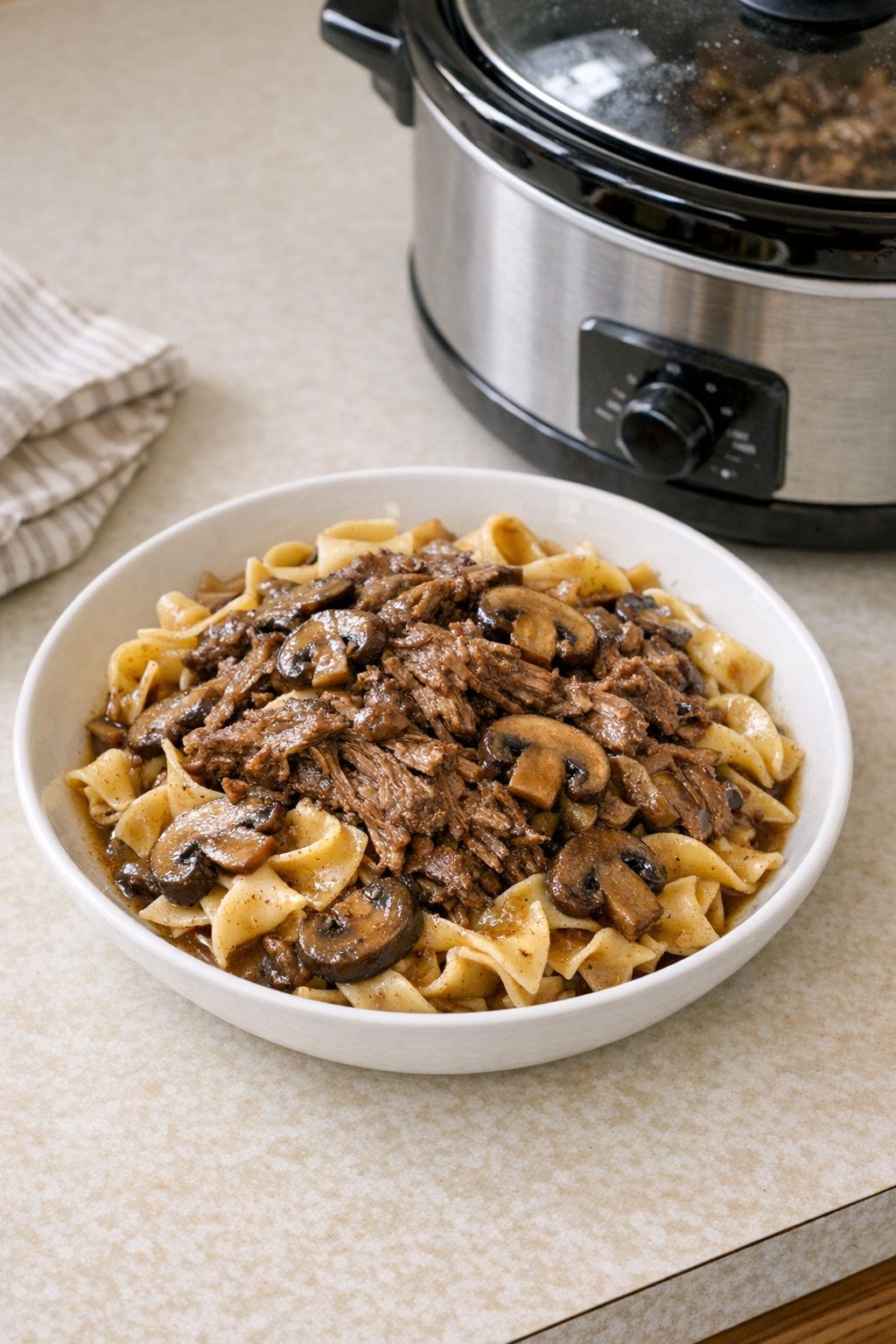 Finished mushroom beef pasta plated in a shallow bowl