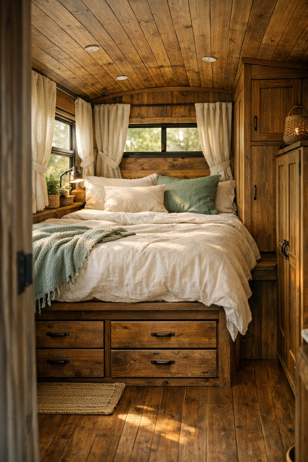 Cozy bus bedroom with raised platform bed, built-in storage, and soft linen textiles