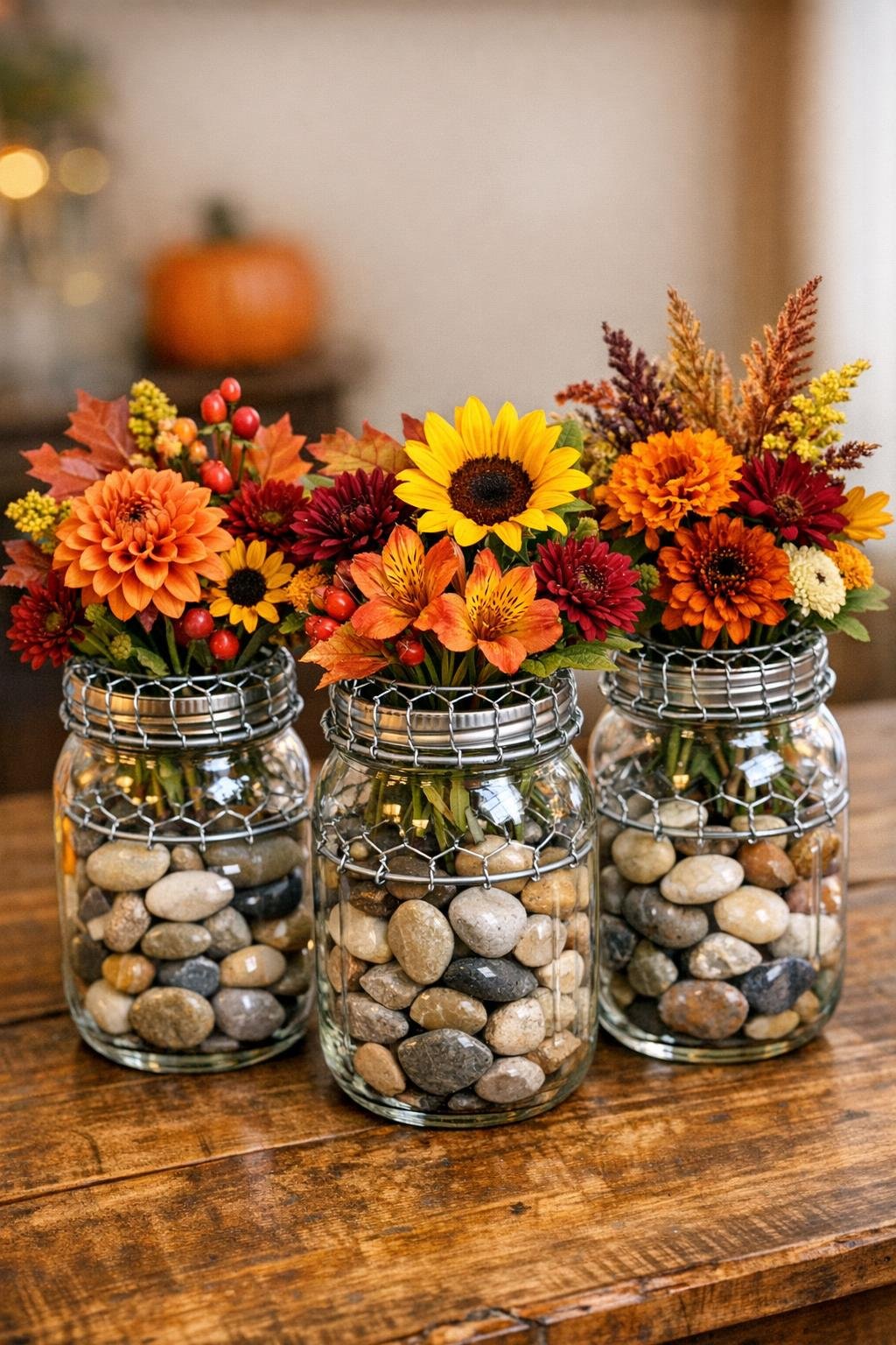 Finished autumn flower frog vase set made from mason jars