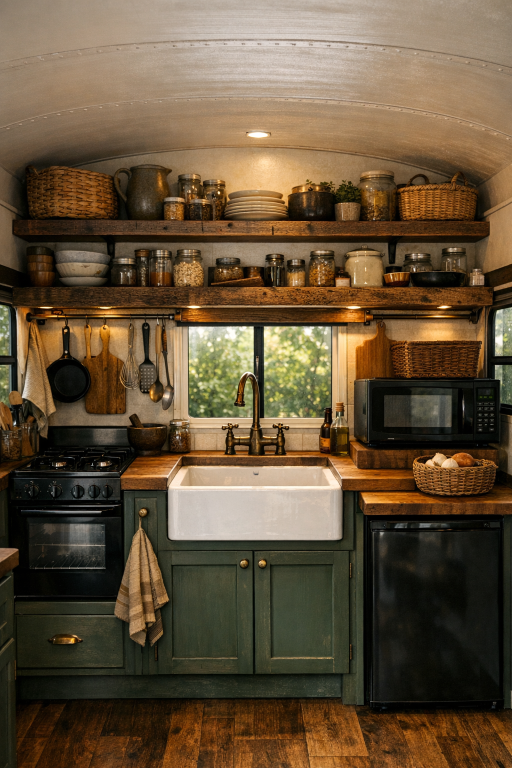 Off-grid bus kitchen with green cabinets and butcher block counters