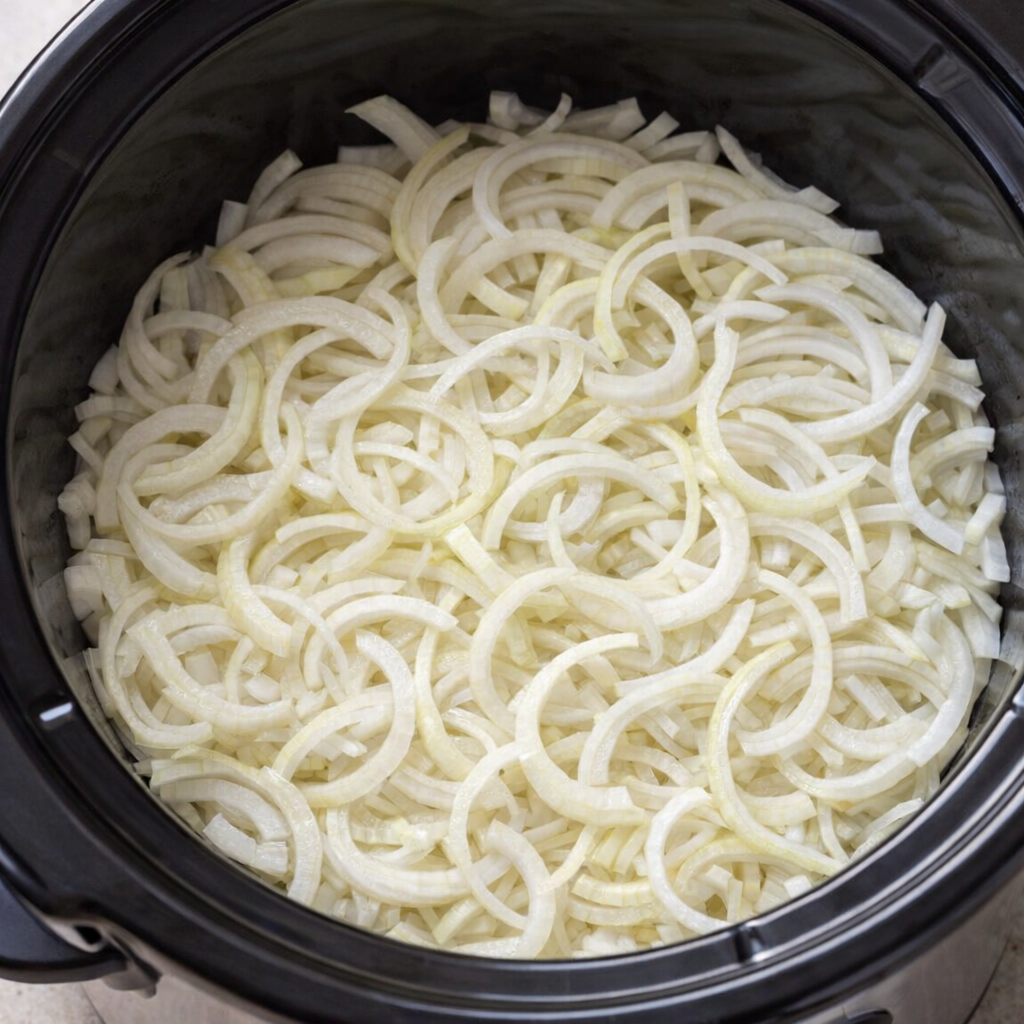 Sliced onions layered in a slow cooker