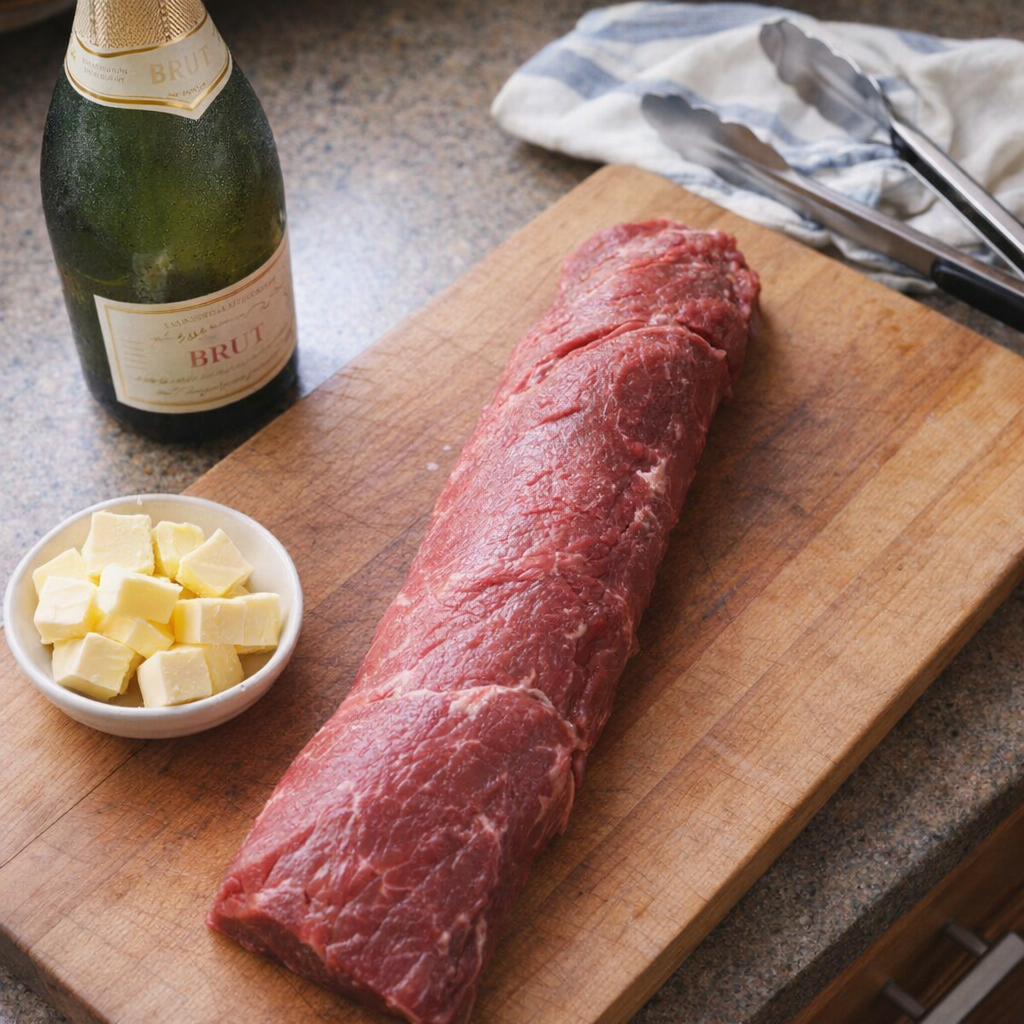 Raw beef tenderloin with champagne and butter on a kitchen counter