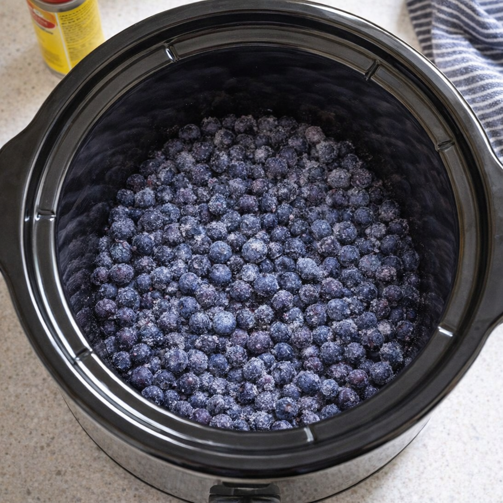 Frozen blueberries spread in the bottom of a slow cooker