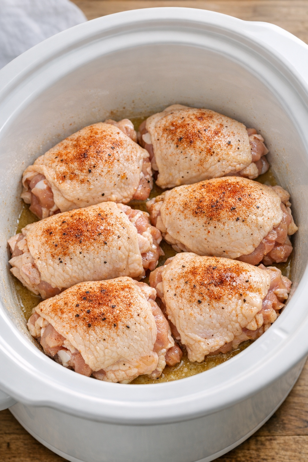 Raw chicken thighs arranged in a white slow cooker