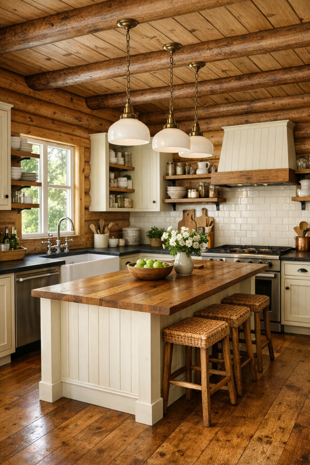 Classic log home kitchen with painted cabinets, farmhouse sink, and practical island