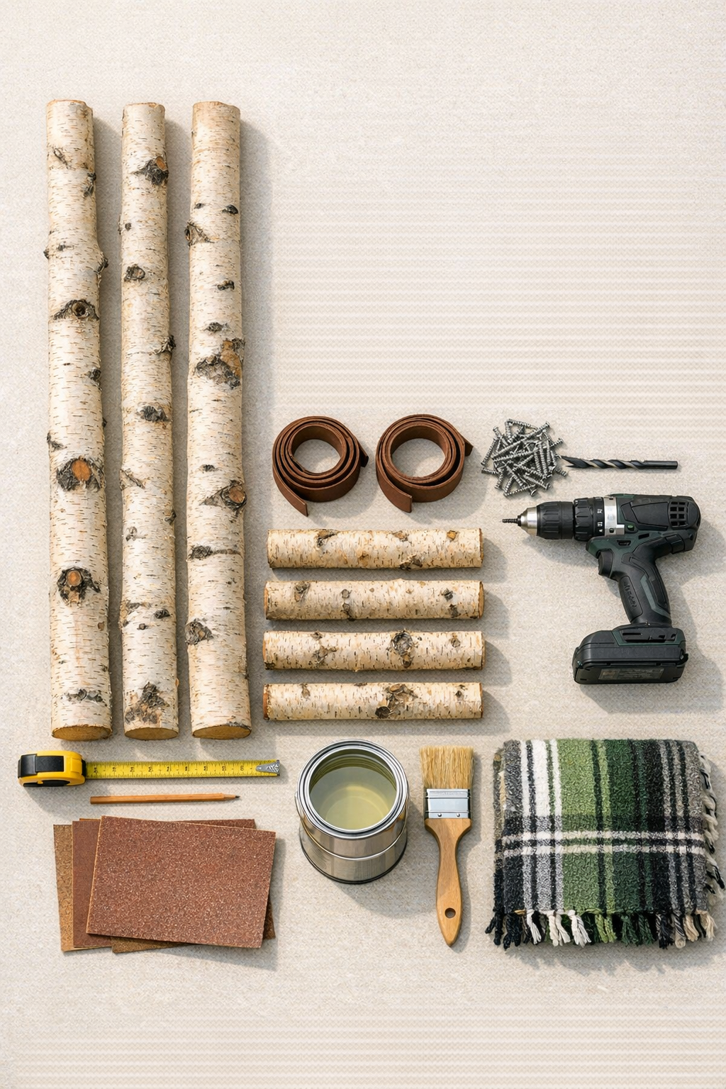 Birch branches, leather straps, screws, and finishing supplies laid out for the blanket ladder project