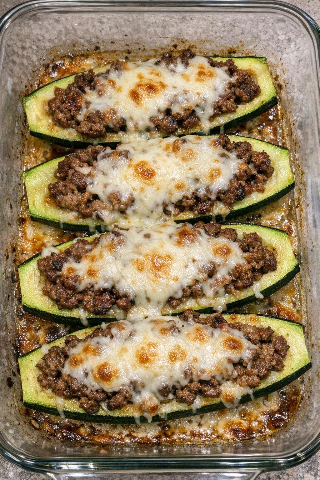 Baked beef zucchini boats with melted mozzarella