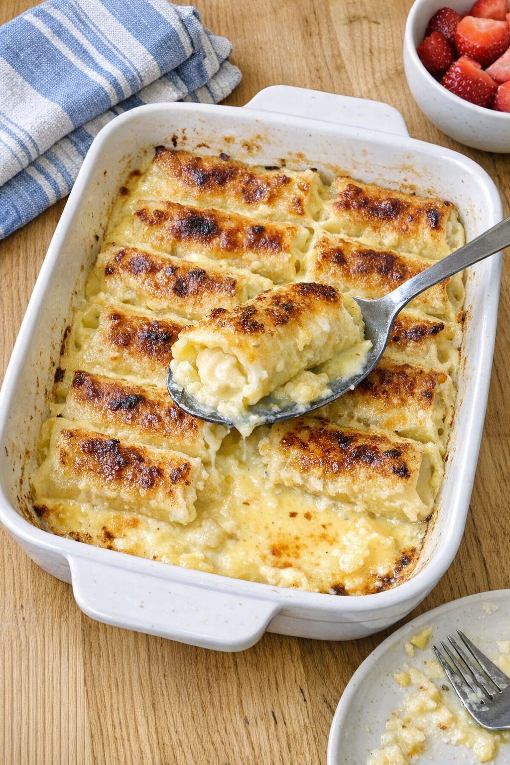 Finished baked manicotti custard dessert