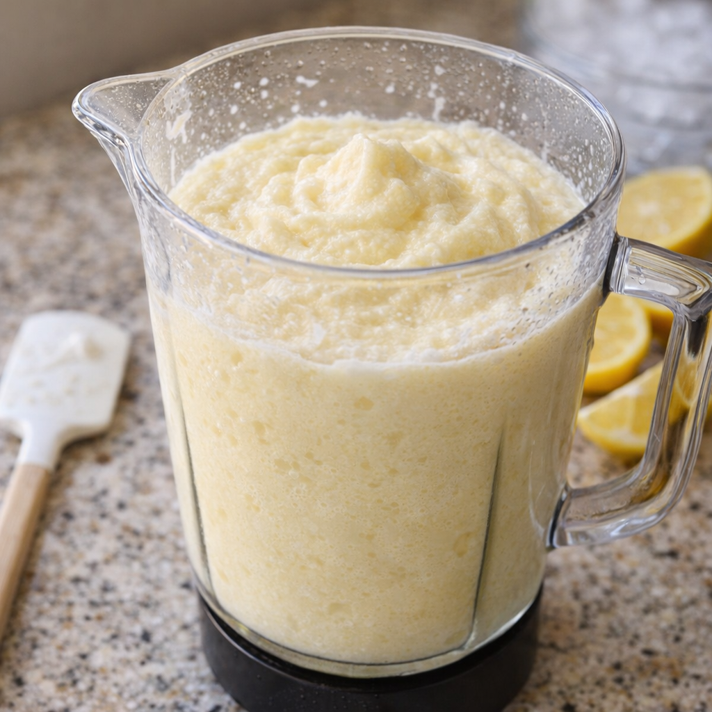 Blender filled with whipped lemonade mid-blend