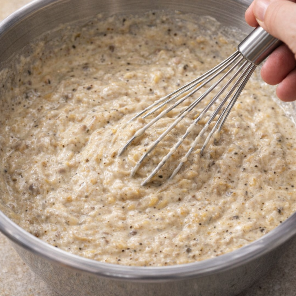 Thick mushroom soup mixture being whisked in a bowl