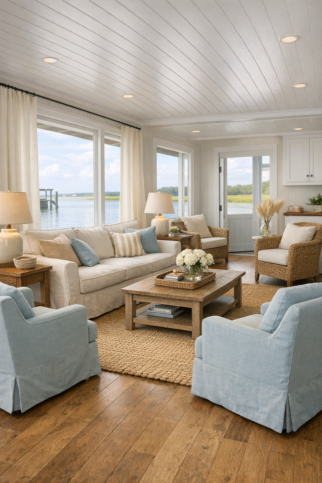 Bright barrier-free coastal living room with soft seating and wide water views