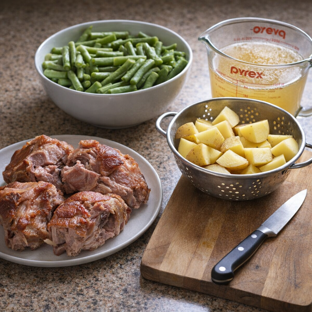 Prepped ingredients for Amish ham and green beans