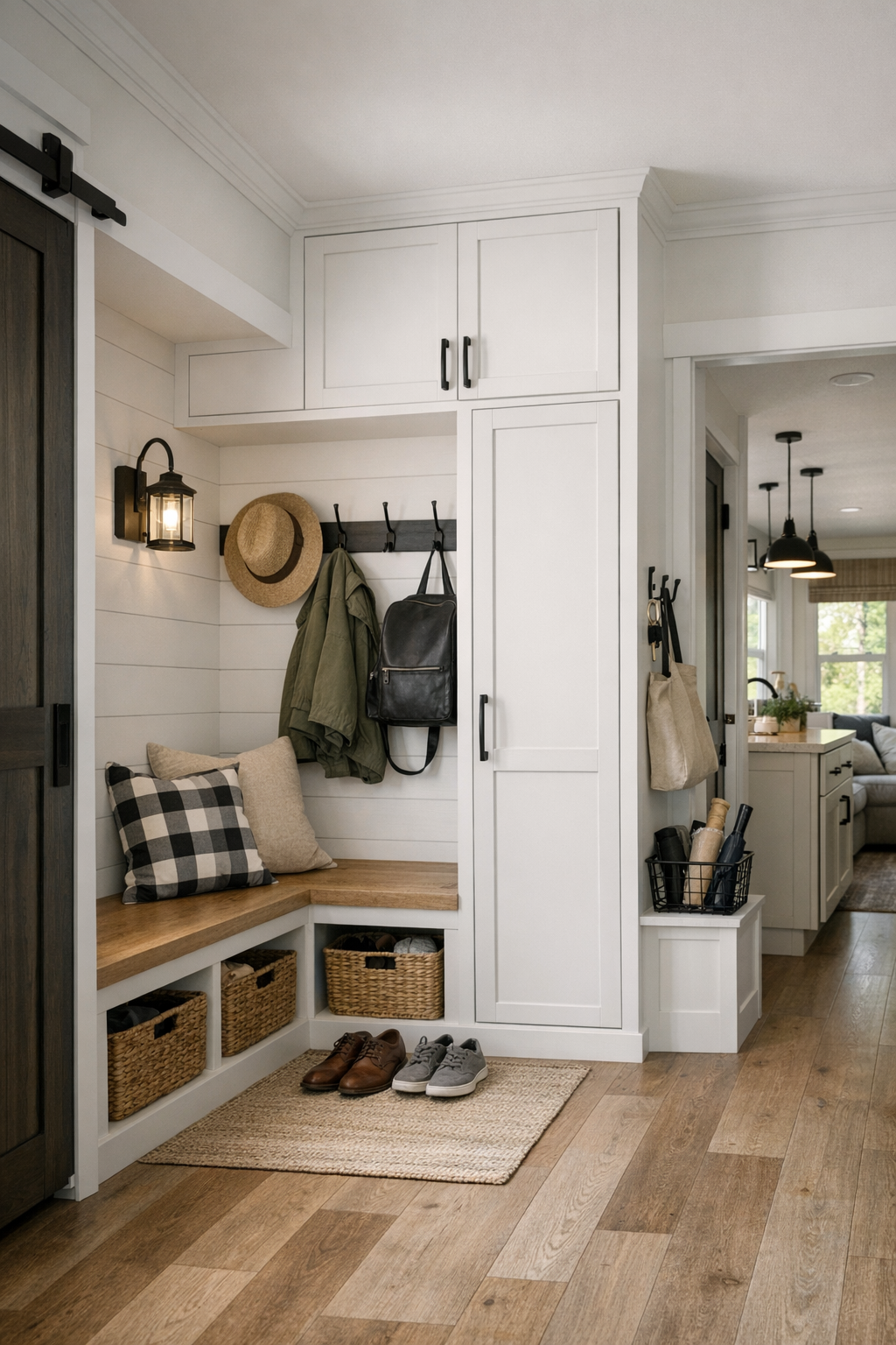 Thoughtful farmhouse RV storage and entry area with built-in bench and hooks
